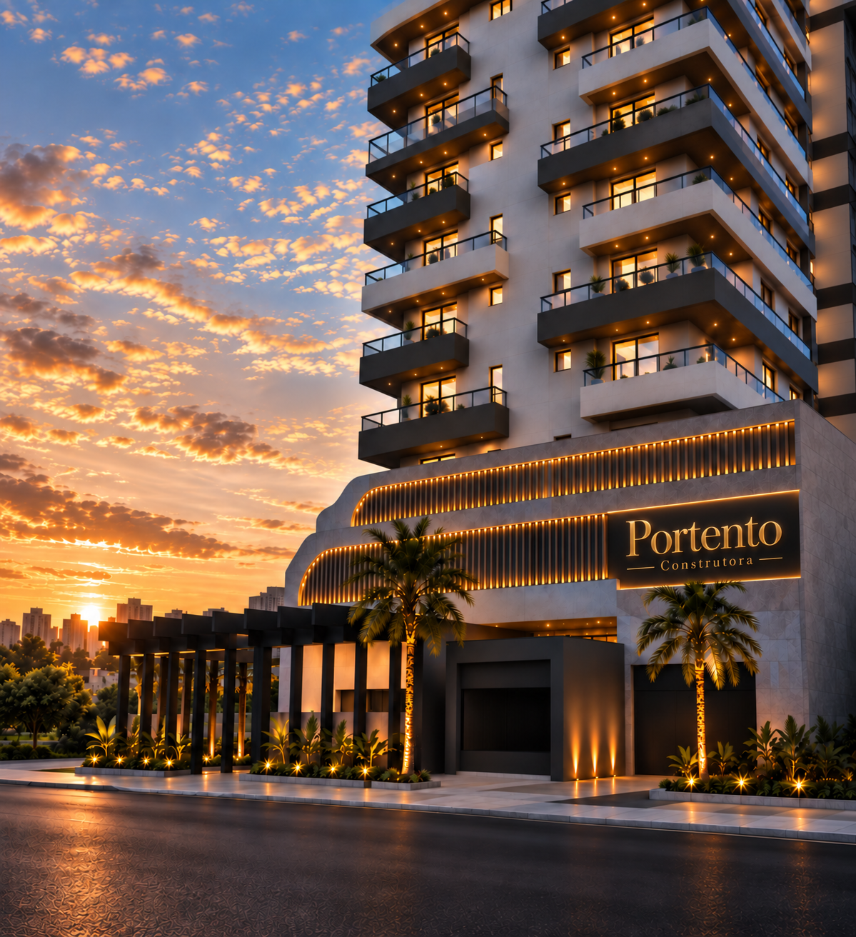 Fachada Portento ao pôr do sol