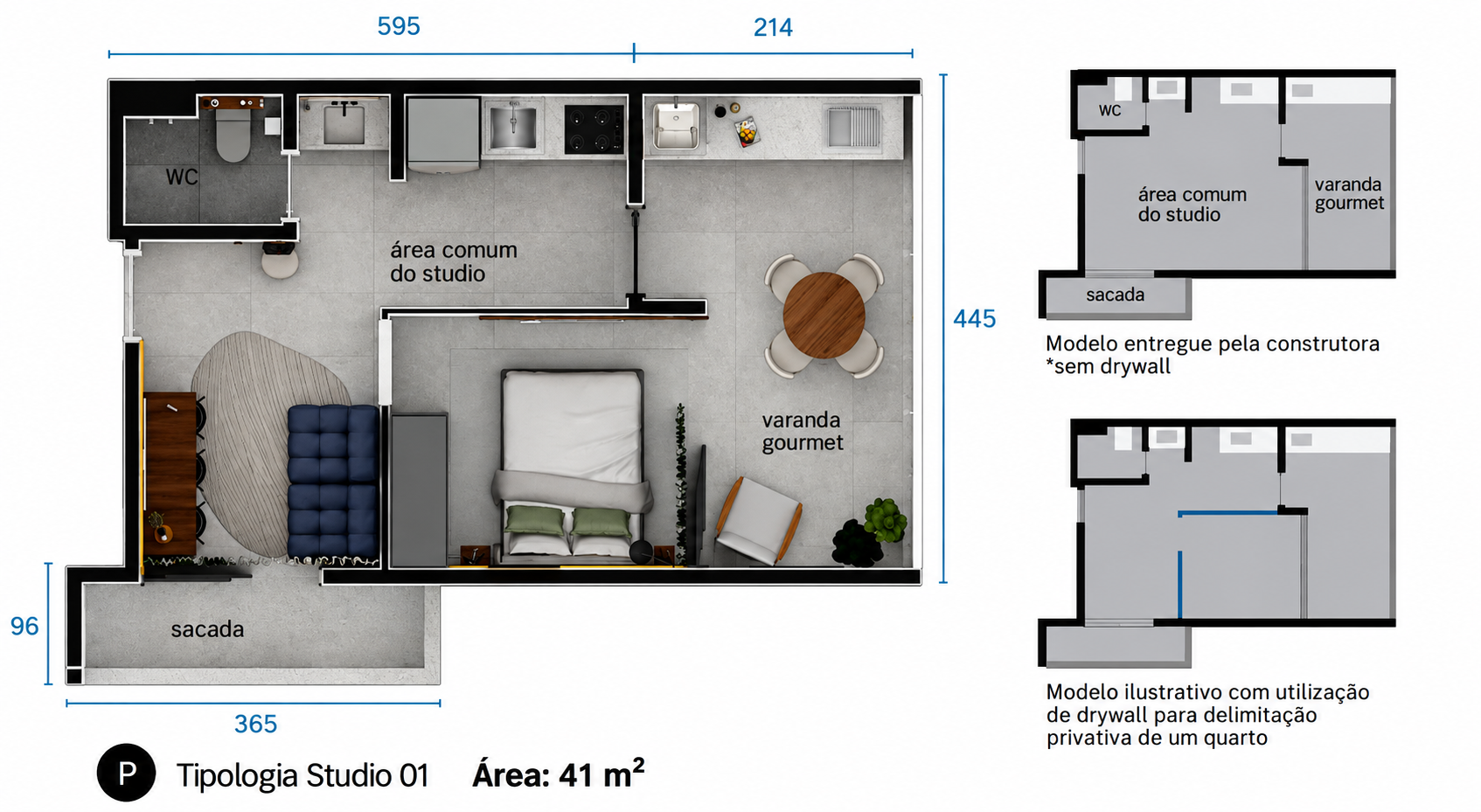 Planta Studio 41,19 m² do Santé Residence