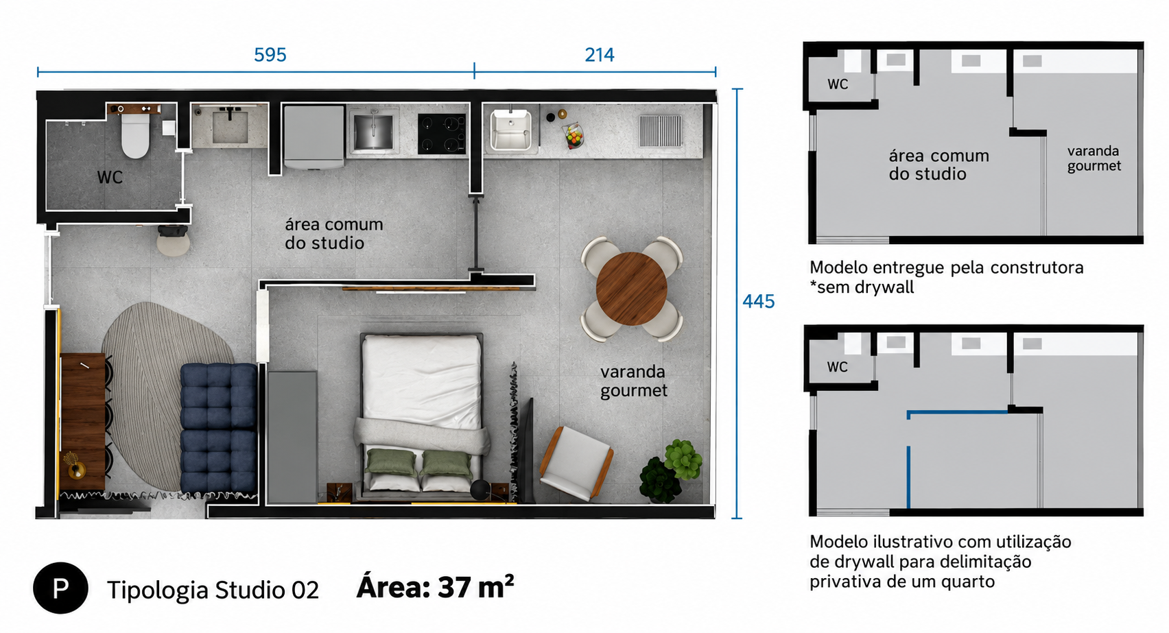 Planta Studio 37,29 m² do Santé Residence